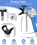 Heavy Duty Airless Paint Sprayer Gun Kit With Six Swappable Tips And Pop In Filters For Zero Mess Wall Coating And Fence Staining Gets The Job Done Quick With Definitely Butter Smooth Everyday Results showing different nozzles and measurements.