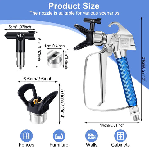 Heavy Duty Airless Paint Sprayer Gun Kit With Six Swappable Tips And Pop In Filters For Zero Mess Wall Coating And Fence Staining Gets The Job Done Quick With Definitely Butter Smooth Everyday Results showing different nozzles and measurements.