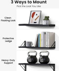Straight Up Sleek Wall Mounted Floating Shelves In Matte Black Solid Set Of Four showing diverse mounting options with decorative items.