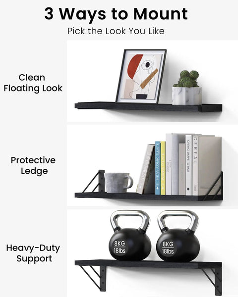 Straight Up Sleek Wall Mounted Floating Shelves In Matte Black Solid Set Of Four showing diverse mounting options with decorative items.