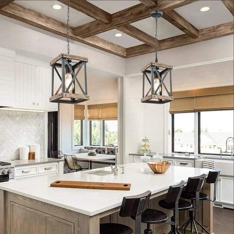 Rustic Farmhouse Pendant Light With Adjustable Metal And Wood Chandelier Fixture For Kitchen Island, Bedroom, Dining Room And Entryway In Brown To Elevate Dope Industrial Style Decor And Brighten Living Spaces hanging over modern kitchen island.