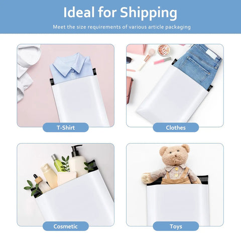 10x13 Inch Poly Mailers 200 Pack White for Clothing Shipping Envelopes showing various items packed securely