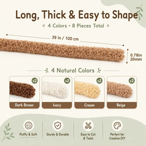 Extra Long Fluffy Chenille Pipe Cleaners Craft Kit 57-Piece Set With Colors, Noses, Eyes, Pom Poms, Collars, Bows And Decor Accessories For Totally Kid Friendly DIY Puppy And Animal Art Projects. Long 100 cm brown chenille pipe cleaner, 20 mm thick