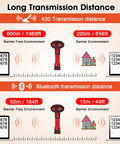 2D Industrial Barcode Scanner with range demonstration showing 433 wireless and Bluetooth transmission distances, red.