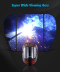 Solar Powered Auto Darkening Welding Helmet With Wide Shade 9 13 For TIG MIG ARC Welding Hood viewed from front with blue welding sparks