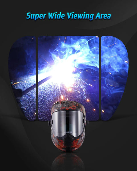 Solar Powered Auto Darkening Welding Helmet With Wide Shade 9 13 For TIG MIG ARC Welding Hood viewed from front with blue welding sparks