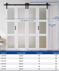 72 Inch By 84 Inch Bifold Barn Door With Frosted Glass Hardware Kit Included Pre Drilled Holes No Fuss Easy Assembly White Waterproof PVC Coated Solid Slab Space Saving Design For Laundry Room Pantry Closet Kitchen And More, shown installed with measurements.