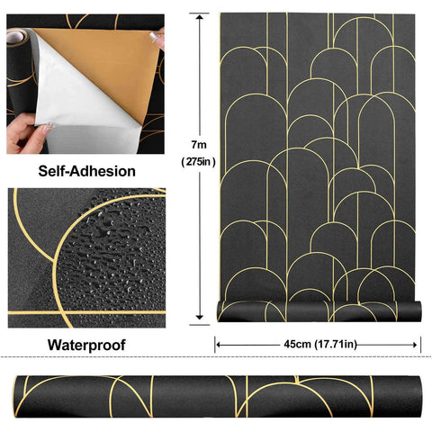 Dope Black Geometric Peel And Stick Wallpaper Self Adhesive Removable Matte For Easy Home Decor And Furniture Renovation 17.71 Inch By 275 Inch Line Up Easily with gold lines