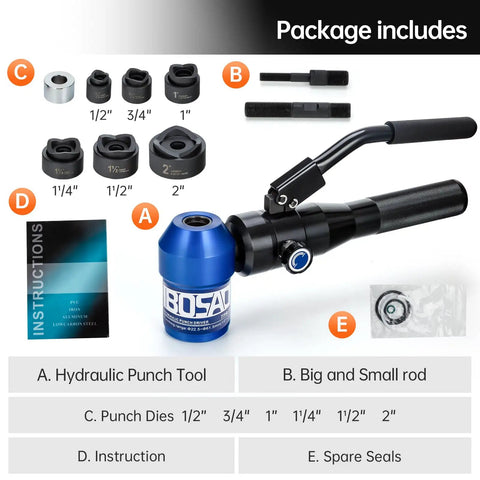 Aluminum Alloy Hydraulic Knockout Hole Punch Kit 1/2 To 2 Inch Conduit Cutter Set components including dies and rod