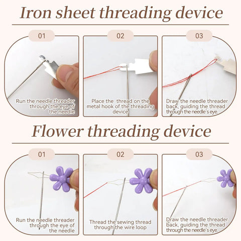Instructions for using iron sheet and flower threading device in 100 Piece Big Eye Sewing Needles Kit Stainless Steel
