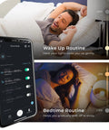 WiFi Smart LED Bulb 10W 60W Equivalent Multicolor RGB Tunable White 2000K To 5000K A19 E26 Frosted No Hub Required Voice Activated Works With Google Assistant And Alexa Two Pack in use with wake and bedtime routine settings on phone.