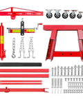 Parts of Folding Hydraulic Engine Hoist Two Ton Capacity With Quick Lever Operation And Six Iron Caster Wheels Red.