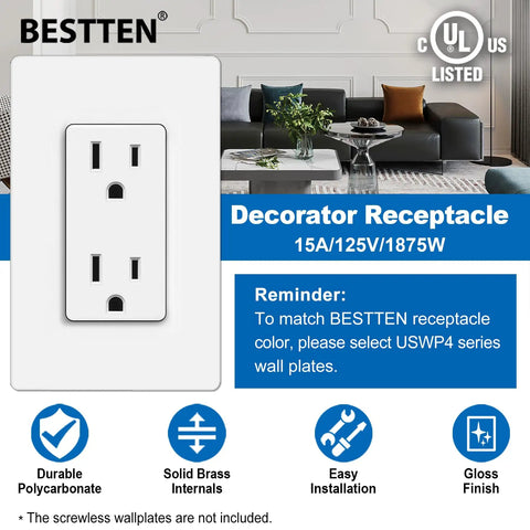 Decked Out Decor Wall Outlet Receptacle 15 Amp 125V 1875W Non Tamper Resistant for Residential and Commercial Use UL Listed White 10 Pack