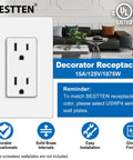 20 Pack Decor Wall Outlet Receptacles 15 Amp 125V White Non Tamper Resistant UL Listed For Residential And Commercial Use 1875W Capacity Ideal Upgrade For Renovations shown in packaging with product details.
