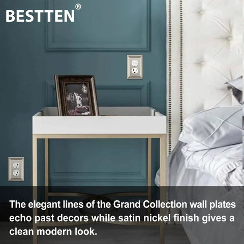 10 Pack Satin Nickel 1 Gang Zinc Alloy Duplex Wall Plate Grand Collection Metal Decorative Receptacle Outlet Cover near bed
