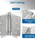 Self closing heavy duty 4 inch satin nickel door hinge showing adjustable spring tension and 325° rotation feature.