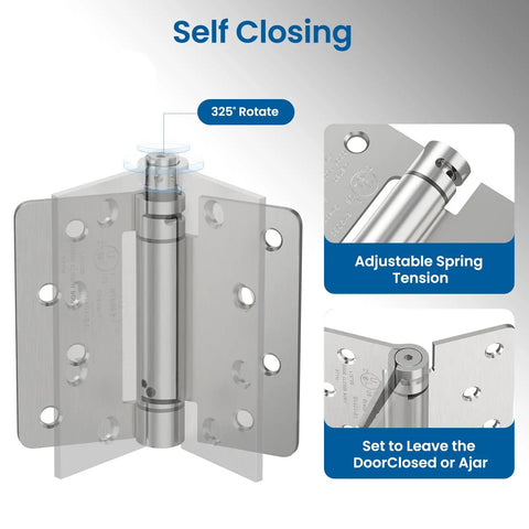 Self closing heavy duty 4 inch satin nickel door hinge showing adjustable spring tension and 325° rotation feature.