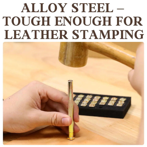 Close-up of Leather Stamping Kit With 26 Capital Letter Stamps And 1 Stamping Handle For Leather Craft Industrial Grade Alloy Steel Tools Set 6mm Stamps Pro Grade For Personalizing Wallets Belts And More
