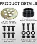 Plug And Play Flexplate Adapter Kit For LS Engine Swaps And Transmissions, Compatible With TH350 200-4R 700R4 And 4L60, Built For Gen III LS Builds, Durable Steel Construction, Ready To Rock Your Next Car Project. Product detail image showing flexplate, adapter sleeve, bolts, washers and nuts