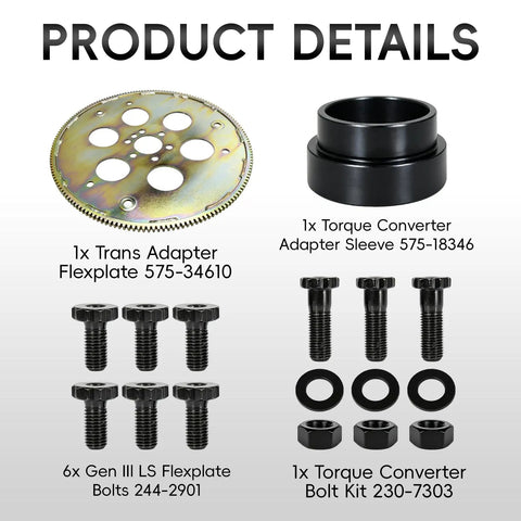 Plug And Play Flexplate Adapter Kit For LS Engine Swaps And Transmissions, Compatible With TH350 200-4R 700R4 And 4L60, Built For Gen III LS Builds, Durable Steel Construction, Ready To Rock Your Next Car Project. Product detail image showing flexplate, adapter sleeve, bolts, washers and nuts
