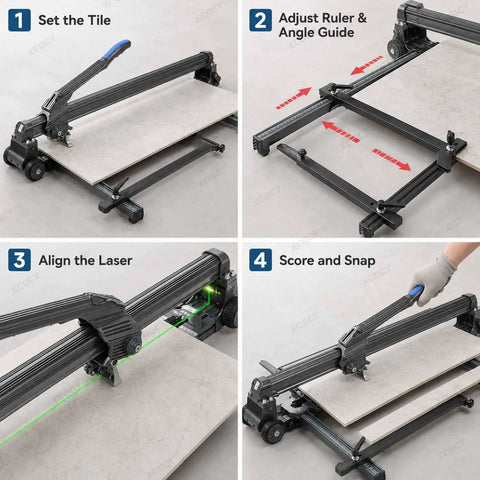 Heavy Duty Manual Tile Cutter With Bright Green Laser Guide And Beefed Up Steel Rails For Straight Cuts Up To 1800 Mm showing tile setup and adjustment steps.