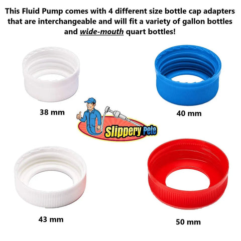 Fluid Transfer Pump For Gallon And Wide Mouth Quart Bottles, 4 interchangeable bottle cap adapters, 38 mm to 50 mm