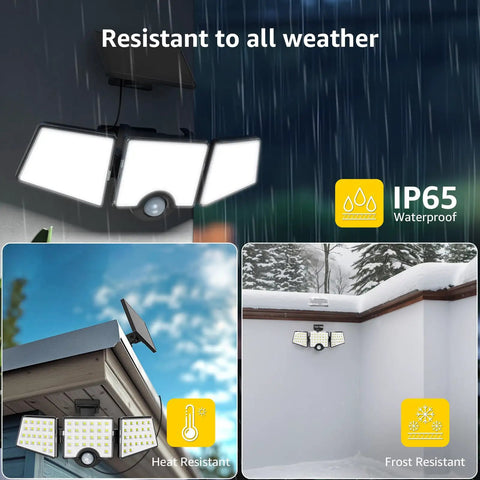 Lit Outdoor Solar Motion Sensor Light With 3 Adjustable Heads 270 Degree Wide Coverage IP65 Waterproof Wall Lamp in rain and snow