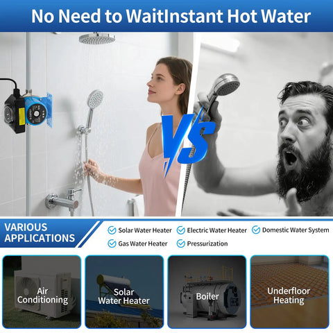 Instant Hot Water Recirculating Pump Kit For Tank Style Heaters Includes Two Upgraded Brass Sensor Valves in shower setup.