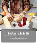 Pro Level Pocket Hole Drill Guide Jig For Woodworking Featuring Quick Release Clamps and Precision 15 Degree Angle Locator on a workbench.