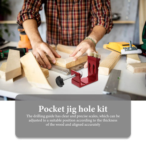 Pro Level Pocket Hole Drill Guide Jig For Woodworking Featuring Quick Release Clamps and Precision 15 Degree Angle Locator on a workbench.