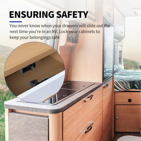 Locking Drawer Latches For RV Cabinet Doors, 4 Pack, 10 Lb Pull, Stainless Steel Screws, installed in RV kitchen for safety.