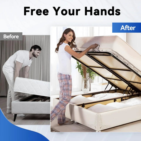 Before and after using Solid As A Rock Gas Strut Lift Supports 20 Inch Long 60 Pound Force for easy bed lifting.