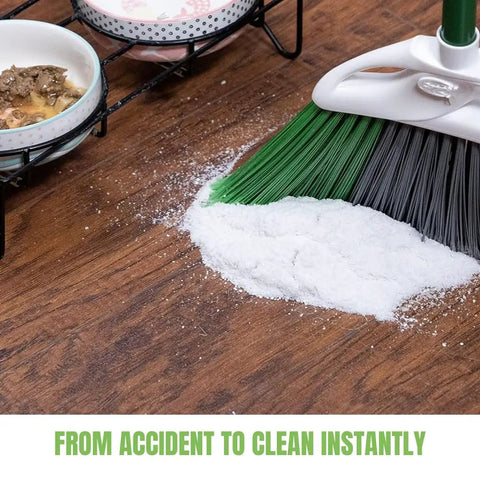 Broom sweeping All Liquids Spill Powder That Eats Messes Fast, Ultra Absorbent Spill Cleanup for Vomit Urine Oil and All Liquids on floor