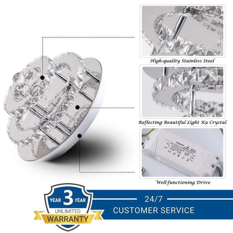 Crystal Chandeliers Modern Round Flush Mount LED Ceiling Light With K9 Crystals Chrome Finish 11.8 Inch Diameter