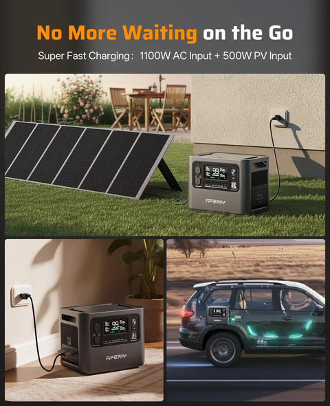 2400W Portable Power Station With 2048Wh LiFePO4 Battery And Peak 4800W, AC Fast Charging, connected to solar panel and car.