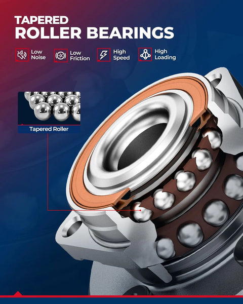 Close-up of tapered roller bearing with low noise and high speed features for smooth rotation.