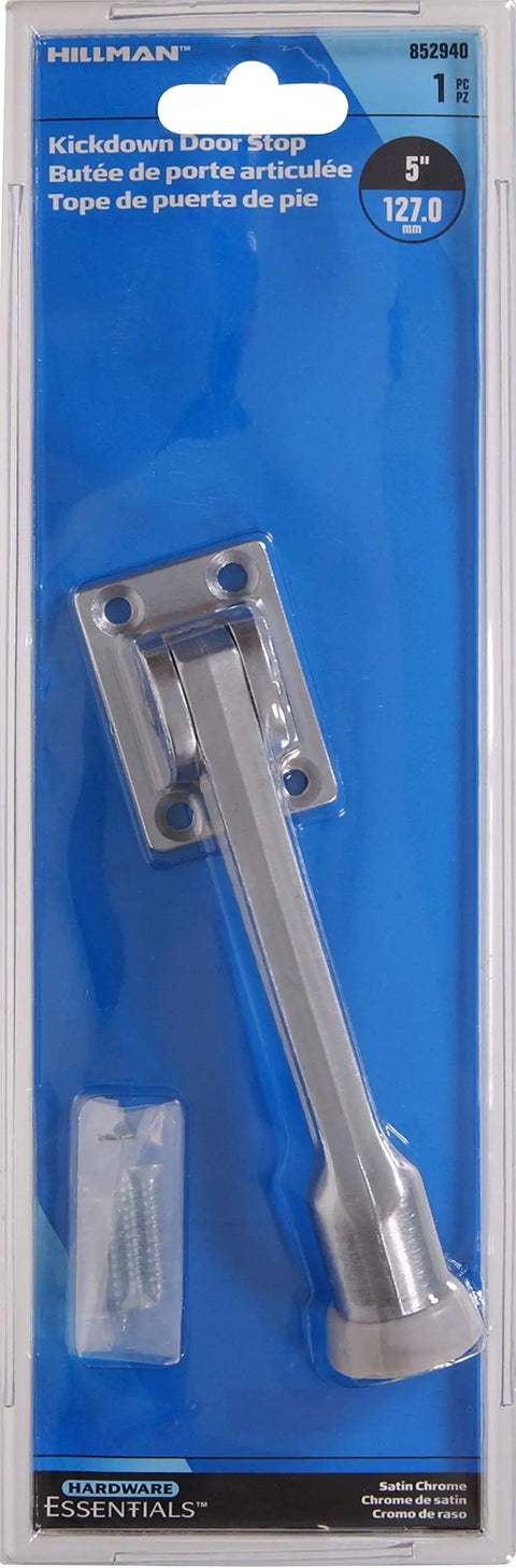 Heavy Duty Kickdown Door Stoppers 5 Inch 5 Pack Satin Chrome With Non Slip Rubber Feet For Slam Free Wall Protection And Quick No Hassle Install On Interior Doors, packaging view.