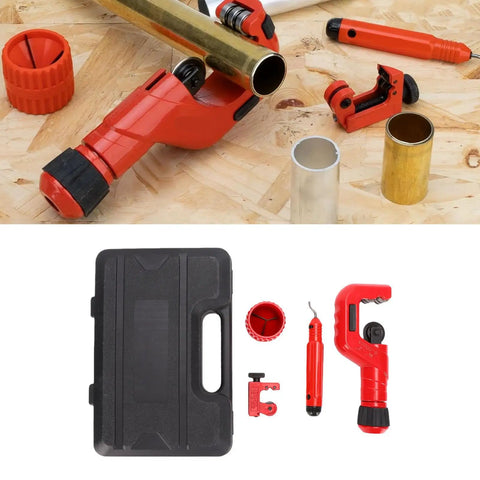4 Piece Tubing Cutter Set Built Tough Pipe Cutter For 1/4 To 2 Inch Pipes Includes Mini Tube Cutter 1/8 To 7/8 Inch With Deburring Tool For Copper Aluminum Stainless Steel And PVC, kit parts displayed