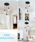 Three Light Pendant Lighting Fixture For Kitchen Island And Dining Area With Adjustable Cords And Glass Shades In Black Finish