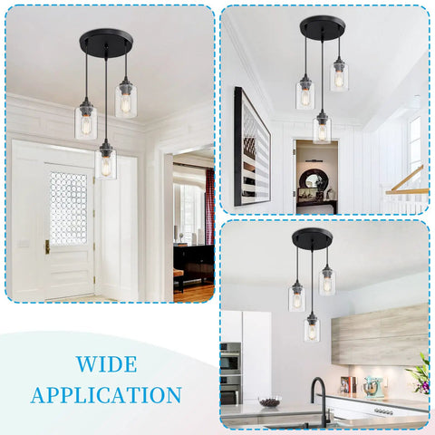 Three Light Pendant Lighting Fixture For Kitchen Island And Dining Area With Adjustable Cords And Glass Shades In Black Finish