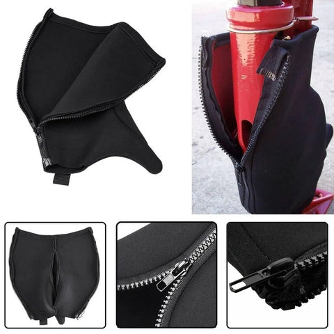 Neoprene Jack Cover For Lift Jacks And Farm Jacks, Waterproof Protective Sleeve on red jack, durable material, close-up zipper view.