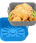 9 Inch Silicone Liners For 6 Qt To 9 Qt Air Fryers 2 Pack Square Reusable Inserts Blue And Grey with fried chicken, no mess