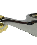 Close-up of stainless steel cowboy spurs with copper gear, Western equestrian gear for men and women, detailed side view