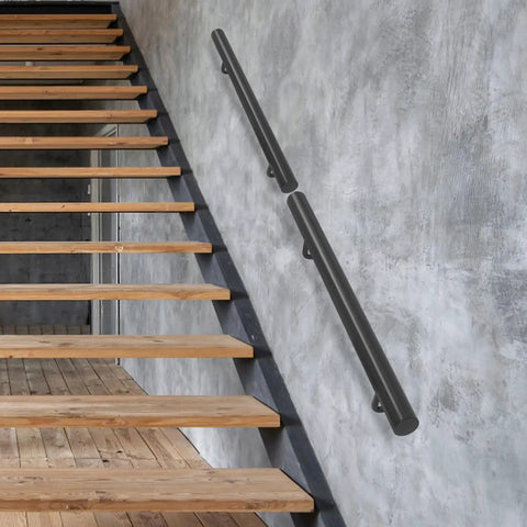 Rock Solid Heavy Duty Stainless Steel Flush Mount Wall Handrail Built Like A Tank With Smooth Baked Enamel Finish on stairs.