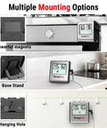 Large LCD Digital Meat Thermometer for Smoker, Oven, Kitchen and BBQ Grill with Stainless Steel Probe shown with mounting options.