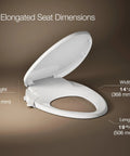 Manual Dual Wand Bidet Toilet Seat With Quiet Close Elongated Design showing seat dimensions, side view, white.