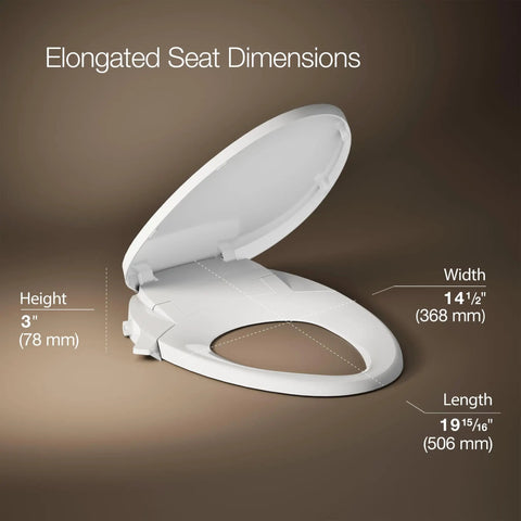 Manual Dual Wand Bidet Toilet Seat With Quiet Close Elongated Design showing seat dimensions, side view, white.