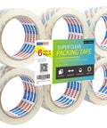 Rock Solid Heavy Duty Crystal Clear Packing Tape With Badass Industrial Adhesion For Moving Boxes Shipping Supplies And Cartons That Absolutely Will Never Tear Or Peel, six rolls displayed with packaging and labels.