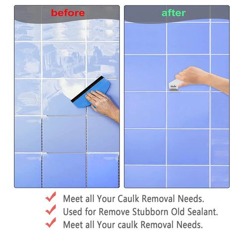 Comparison of caulk removal before and after using 11 Piece Caulking Tool Kit With Sealant Finishing Tools on tiled wall.