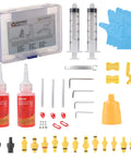 All In One Hydraulic Brake Bleed Kit With 120ml Mineral Oil, Funnel, Syringes And Adapters For MTB And Road Disc Brakes, Easy At Home Maintenance For Multiple Popular Brand Systems laid out with tools, gloves, and storage box.